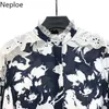 Neploe Lace Fungus Patchwork Women Shirts Flower Stand Collar Long Sleeve Bluses Mode Hollow Out Female Tops 210226