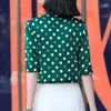 弓Polka Dotシャツ女性夏のファッションハイエンドの気質サテンシフォンブラウスオフィスレディース作業トップ210604