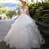 Vintage Ball Gown Wedding Dresses Princess 2022 Long Sleeve Open Back Appliques Lace Tulle Tiered Skirt Bridal Wedding Gowns