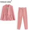 Wesay Jesi Women's Fashion Blazer Office Suit Pantsuit Simple Solid Color Suit Collar Long Sleeve + Trousers 2 Piece Set Blazer 211101