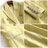 HarleyFashion Bright Silk Luxury Design Yellow Women Temperament Långärmad Dubbelbröst Texturerad Höst Blazer Coat X0721