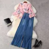 Kvinnor Mode Designer Spring Two Piece Outfits Elegant Print Flare Sleeve Chiffon Shirt och Wide Leg Jeans Byxor Sus Set 210601