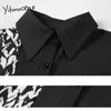 Yitimuceng Цветочное платье для печати Женщины Летняя Пэчворк Высокая талия с коротким рукавом A-Line Черный Корейский Мода MIDI Sundress 210601