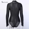 Sexig ren mesh långärmad rand bodysuit kvinna vår sommar kvinnlig geometrisk flockning transparent kropps topp bodysuit 210709