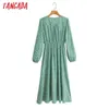 Tangadaフレンチファッション女性緑の花プリントドレスVネックビンテージ長袖レディースミディドレスSY102 210609