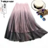 Jupe longue en tulle femmes printemps été dégradé coréen élégant taille haute a-ligne plissée école midi jupes féminines 210608