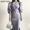 Moda Kadınlar Maxi Katı Elbise Eleagnt Ofis Lady Chic Kore Bodycon Elbiseler Ince Kruvaze Vestidos 210601