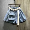 Summer Elastic High Waist with Belt Casual Loose Plus Size 5XL Denim Shorts Women Black Jean Large Pockets Boots Femme 210724