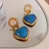 Stud Retro Earring For Women French Style Blue Heart Pendant With Pearl Aros Charm Lady Luxury Gift Jewelry 2021