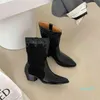 Stövlar Pekade Toe Mixed Colors Patchwork Cowboy Western Women Slip på Mid-Calf Wood Heel Brand Design