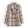 Za Frauen Mode Zweireiher Tweed Check Blazer Mantel Vintage Langarm Weibliche Oberbekleidung + Casual Shorts Röcke Anzug 211101