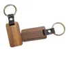 Gör-det-själv designernyckelringar i trä för män, kvinnor, hantverk, fyrkantiga runda träflis, PU-lädernyckelring, grossist