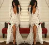 2021 White Lace Deep V Neck Prom Dresses Long Sleeve Front Split Evening Gowns See Through Mermaid Women Formal Party Dresses