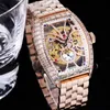 TWF V2 Vanguard V 45 A21j Automatic Mens Watch 18K Rose Gold Round Cut Diamonds Bezel Skeleton Dial Stainless Steel Bracelet Super Edition Watches Puretime F07f6