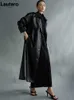 Lautaro Autumn Long Oversized Black Faux Leather Trench Coat for Women Sleeve Belt Double Breasted Loose Fashion 210916