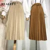 REALEFT Spring Summer High Waist Women Skirt Solid 17 Colors Pleated Skirts with Belt Elegant Mi-long Female 210629