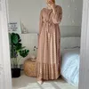 Siskakia Solid 3D Pompon Maxi длинное платье для женщин осенние шеи полный рукав мусульманский дуами Турция qtar qtar qtar арабская одежда 210309