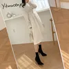 Yitimuceng vestidos midi para mujer moda cintura alta con cinturón vestido manga larga blanco negro sundress primavera oficina dama 210601
