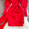 秋の冬の女性赤い包帯ボディコンドレスビンテージVネックランタン長袖ハイウエストパーティーシースベスティドス女性新しい2022