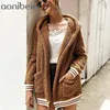 Faux Kürk Kapüşonlu Uzun Hırka Kadın Ceketler Kış Sıcak Kollu Cepler Çizgili Patchwork Kadın Palto 210604