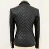 HIGH QUALITY Stylish Designer Blazer Women's Lion Buttons Grid Cotton Padded Slim Fitting Synthetic Leather Jacket 211019