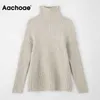 Autumn Aachoae Winter Women Solid Turtleeck Pullovers Top Batwing Long Rleeve Warm Sempeed Striped Casual Loose Jumper 210922