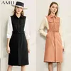 Minimalism Autumn Fashion Spliced Women Dress Causal Lapel Full Sleeve High Waist Knee-length Female 12030084 210527