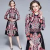 Wiosna Moda Kobiety Vintage Dres Z Długim Rękawem Wyłącz Kołnierz Kwiat Drukuj Dorywczo 210531