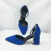 Baoyafang Royal Blue Beads Flower Strap Wedding Shoes Bride Point Toe Square Tjock High Heel Party Dress Shoes and Bag Set 210225