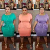 4XL 5XL Plus Size Dress For Women Fat Causal Plain Orange Short Sleeve Summer Sashes Round Neck Knee Length Dresses Midi 211116
