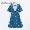 Jocoo Jolee到着夏セクシーな女性のセクシーなVネック花柄プリントフリル半袖非対称パーティーショートドレス210619