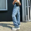 Pocket Patchwork Hög midja Jeans Lossa rakt rör Mopping Tunna bredben Verktygsbyxor Kvinnor Tide 100% Bomull 210302