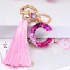 26 Letter Sequin Glitter Pink Gradient Tassel Keychain Alphabet Car Mirror Handbag Decoration Rings Holder Jewelry Gifts