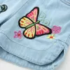 Summer Casual 2 3 4 6 8 10 12Years Children Embroidery Flower Cotton Pocket Denim Blue Shorts For Small Baby Kids Girls 210701
