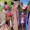 Chapeaux à bord large cow-girl rose pour femmes vache fille avec diadème couche de cou tirage en feutre de cowboy accessoires de fête de fête 1207742