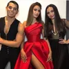 Sexy Side High Split Red Satin Prom Dresses 2021 Strapless Long Formal Evening Gowns Ruched Arabic Pageant Celebrity Party Dress Special Occasion Wear