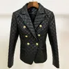 HIGH QUALITY Stylish Designer Blazer Women's Lion Buttons Grid Cotton Padded Slim Fitting Synthetic Leather Jacket 211019