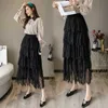 Maxi chiffon saia mulheres moda coreana elástica elástica cintura alta saia longa senhora feminina preta damasco fundos 210604