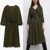 Za cintado impressão midi vestido verde mulheres vintage longa manga folhada plissado senhora senhora vestidos mulher elegante elegante longo vestido 210602