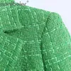 Aonibeier Za Simples Verde Tweed Tweed Conjunto Conjunto Fitted Blazers Feminino Inglaterra Estilo Bolsos Curto Pant Casacos Usuits Urbanos 211006