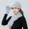 Bonnet/tête de mort casquettes femmes fleurs décontracté chapeau d'hiver garder le cou plus chaud écharpe gants ensemble trois pièces pour femme ajouter doublure en fourrure tricoté Delm22