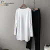 Printemps Femmes T-shirt Femme Tops Sweatshirts Cosy Prints Lâche Oversize Long Coton O-Cou Drop Épaule Split Hem 210720