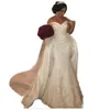 African Elegant Off Shoulder Mermaid Wedding Dresses 2022 Sexy Lace Appliques Beaded Satin Plus Size Long Chapel Train Bridal Gowns Detachable Overskirt Dress