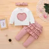 Roupas Conjuntos de roupas 3pcs Babi Girl Roupas Conjunto de manga longa Primavera/outono garotas Bruflles Heart Top e calça Faixa de cabeça para crianças roupas de criança