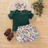 Set di vestiti per neonata Pagliaccetto a maniche corte solido Pantaloncini di fiori Fascia per capelli 3 pezzi Set di abiti estivi per bambini Boutique Abbigliamento per bambini BT6615