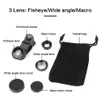 유니버설 3 in 1 카메라 렌즈 키트 와이드 앵글 매크로 Fisheye 휴대 전화 렌즈 물고기 눈 스마트 폰 현미경을위한 렌즈