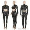 Women Two Piece Pants Set Sexy Bandage PU Tracksuits New High Neck Crop Top Slim Leggings Designers Clothes 2022