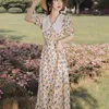 Été Floral Robe Longue Imprimé En Mousseline De Soie Vintage Broderie Midi Femmes À Manches Courtes Mi-mollet Fête Élégant 210603