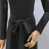 PERHAPS U Gray Lurex O Neck Full Sleeve A Line Sash Maxi Dress Long Elegant Winter Autumn D0748 210529