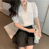 Fashion Short Short Women Tops Blome Summer V-Neck Chiffon Woman Shirt Solid Korean Top White Lady Clothing 10292 210527